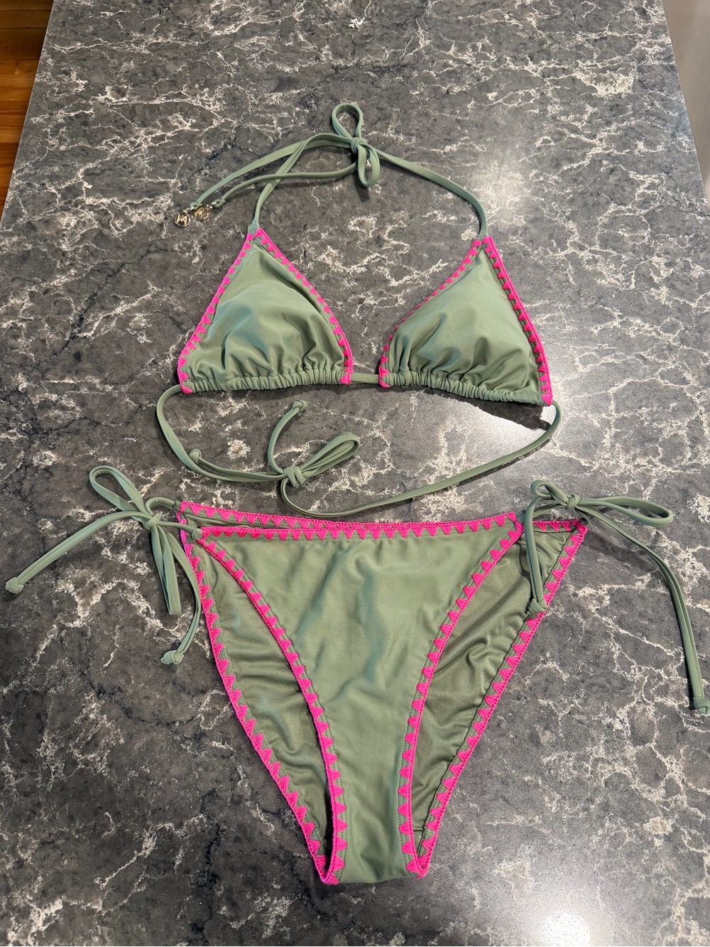 NWT Milly Crochet Trim Triangle Bikini Set: LQK Loden/Pink (Medium)
